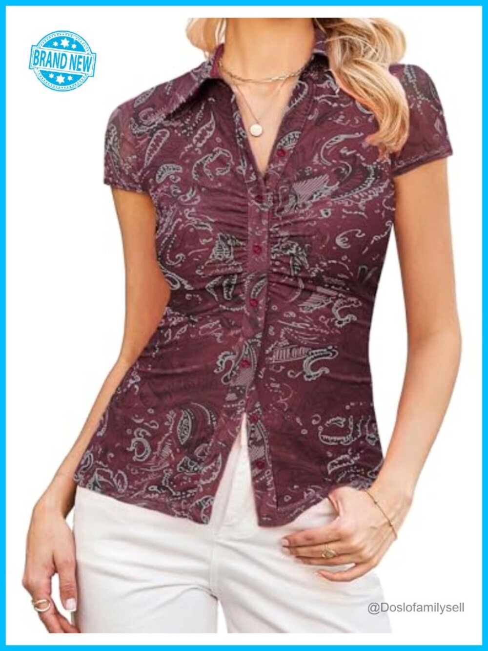 Women Mesh Floral Blouse V-Neck Ruching Work Top